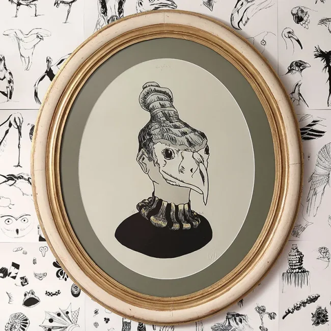 gravure nature sculpture exposition exhibition art contemporain France bretagne lorient estampe xylographie installation étrange mystère curieux cabinet wunderkammer beauty déco art décoration cadre ancien Napoléon III contemporary artist artiste lorient woodcut gravure bois prints print