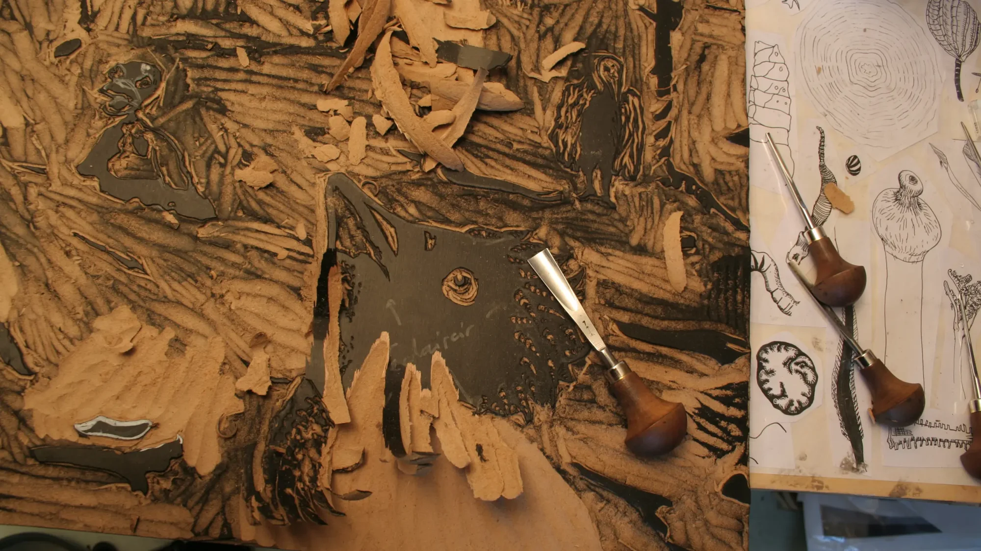 Forêt gravure nature forest sculpture exposition exhibition art contemporain France bretagne lorient estampe xylographie installation contemporary artist artiste making of work in progress