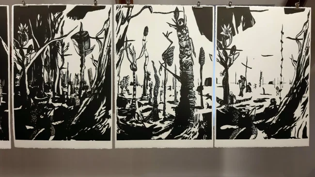 Forêt gravure nature forest sculpture exposition exhibition art contemporain France bretagne lorient estampe xylographie installation contemporary artist artiste making of work in progress