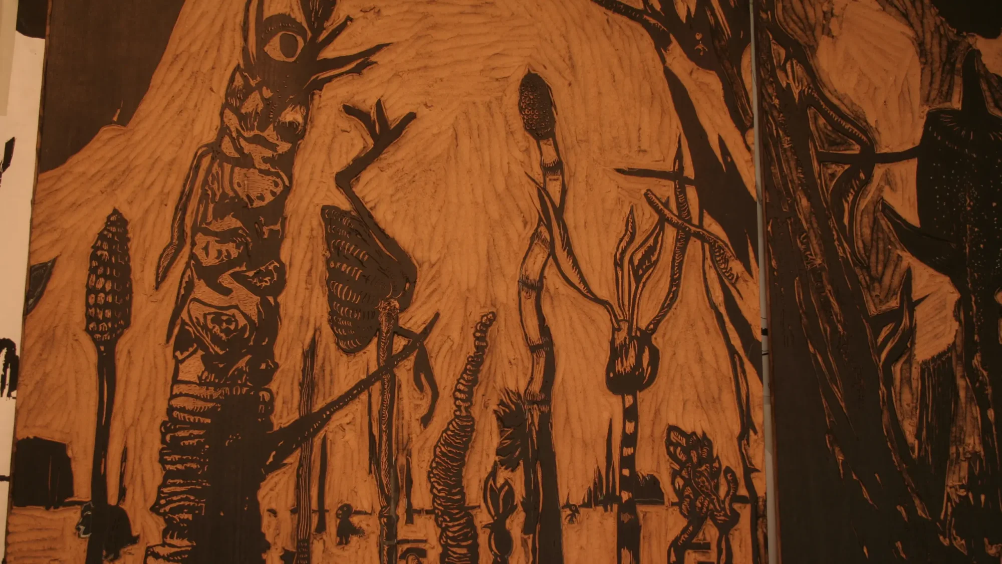 Forêt gravure nature forest sculpture exposition exhibition art contemporain France bretagne lorient estampe xylographie installation contemporary artist artiste making of work in progress