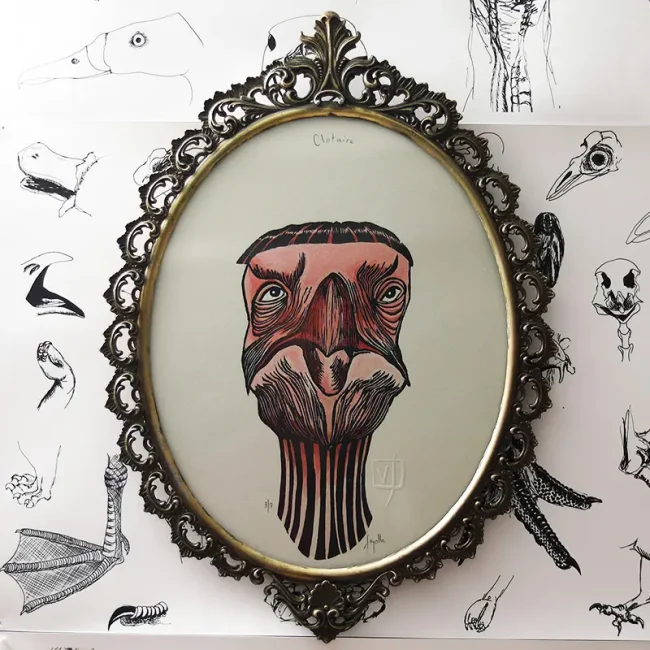 gravure nature sculpture exposition exhibition art contemporain France bretagne lorient estampe xylographie installation étrange mystère curieux cabinet wunderkammer beauty déco art décoration cadre ancien Napoléon III contemporary artist artiste lorient woodcut gravure bois prints print