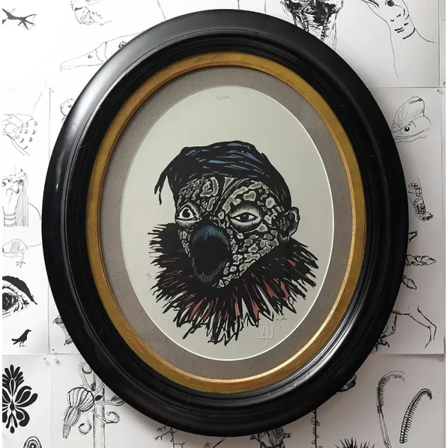 gravure nature sculpture exposition exhibition art contemporain France bretagne lorient estampe xylographie installation étrange mystère curieux cabinet wunderkammer beauty déco art décoration cadre ancien Napoléon III contemporary artist artiste lorient woodcut gravure bois prints print