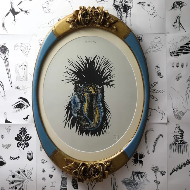 gravure nature sculpture exposition exhibition art contemporain France bretagne lorient estampe xylographie installation étrange mystère curieux cabinet wunderkammer beauty déco art décoration cadre ancien Napoléon III contemporary artist artiste lorient woodcut gravure bois prints print